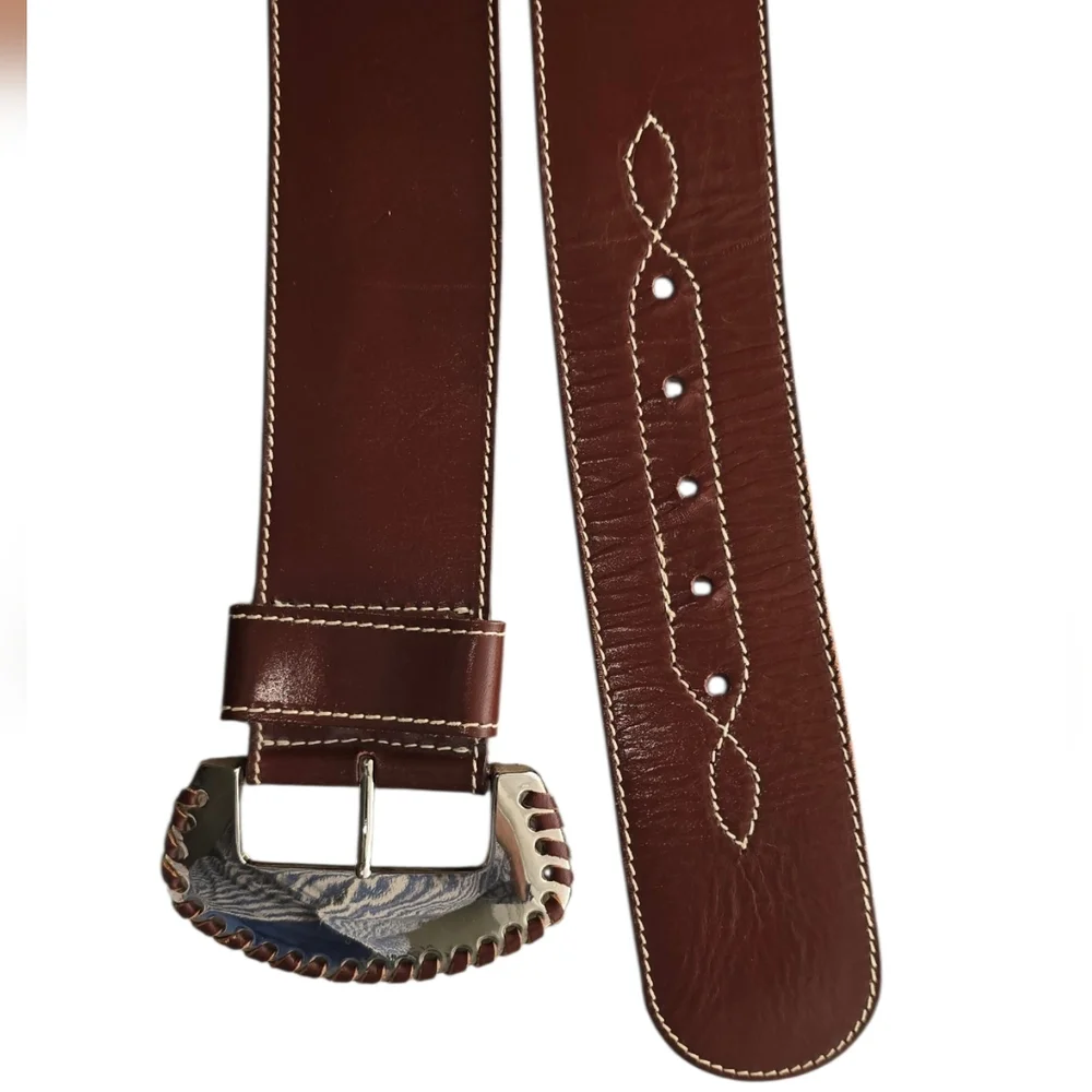 DMP Vintage Western Brown Leather Belt with Silver Buckle